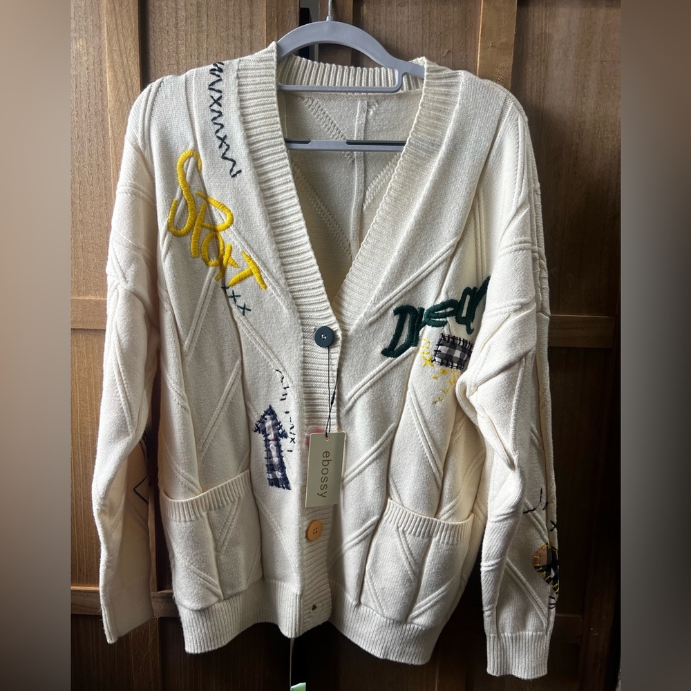 Ebossy Cream Graphic letter embroidered cardigan Sweater